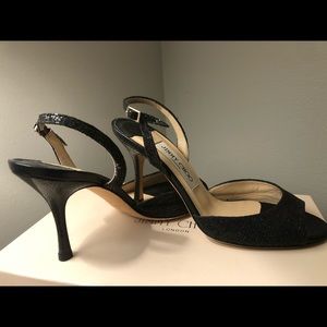 Jimmy Choo size 36.5 Black Glitter Fabric Heels